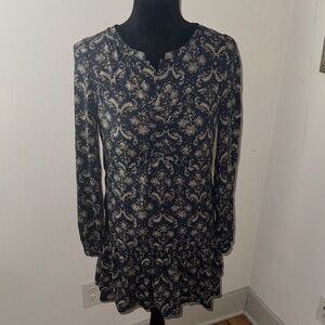 Leshop by Pisceans blue rugged ruffle hem  Navy‎ tan paisley Print boho Dress S
